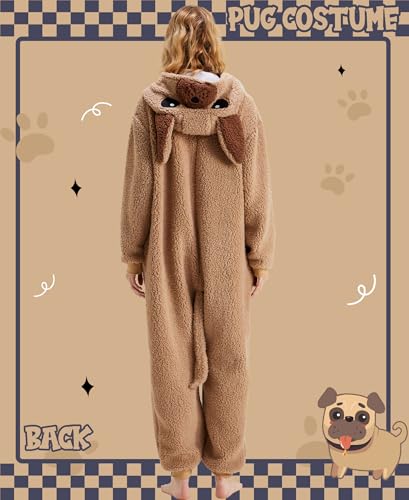 sazpajacos Mops Einteiliger Pyjamas Mops Kostüm Tier Nachtwäsche Cartoon Mops Onesie Frauen Männer Weihnachten Karneval Cosplay Kostüm, Hellbraun M