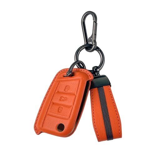 Image of Keyzone Royal Leather Key Cover for Virtus, Kylaq, Slavia, Kodiaq, Kushaq, Taigun, Tiguan, Octavia, Jetta, Superb, Karoq, T-ROC flip Key (Sunburst Orange)