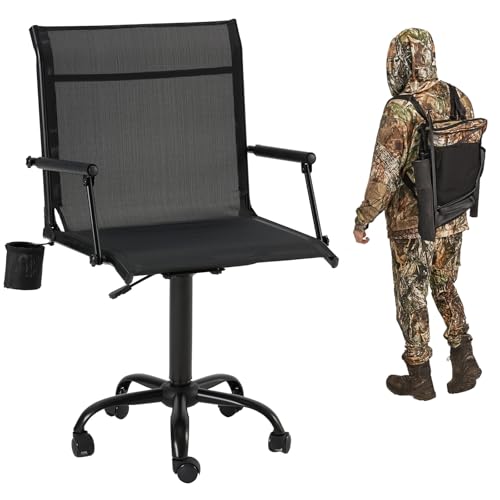 JFHID Silent Swivel Hunting Chair with Caster Wheels, Adjustable Height, Mesh Backrest, Armrests, Cup Holder, Stable Five-Star Base, Smooth Rolling, Blind Shed Range Bench, Portable Outdoor