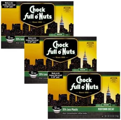 Chock Full o'Nuts Decaf, Midtown, K-Cup Coffee Pods, Medium Roast, 12 Count (Pack of 3)