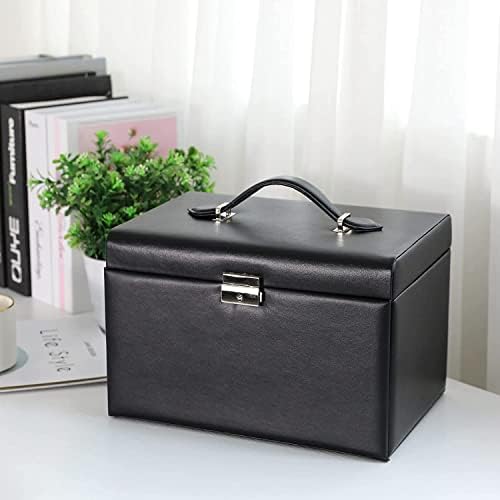 TLGREEN Jewellery Box Organiser for Rings Bracelets Necklaces Earrings,3 Layer PU Leather Jewelry Storage Case with Drawers and Mirror, Lockable, Velvet Lining, Gift for Women and Girls(Black)