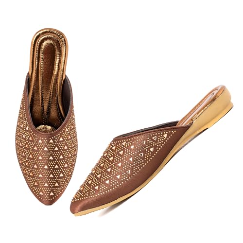 Image of Bellies for Women |Slip on Juttis Soft Padded |Stonework Mules for Ladies| Sparkling Upper |Back Open Casual Flats| Stylish Footwear Sandals for Ladies|Punjabi Mojari Half Shoes