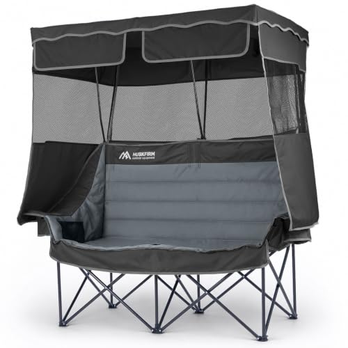 Huskfirm Double Camping Chair with Canopy Shade Oversized Double Beach Chair with Canopy for Larger Users Heavy Duty Camping Loveseat with 2 Cup Holders & Carry Bag for Outdoor Beach Sports Black