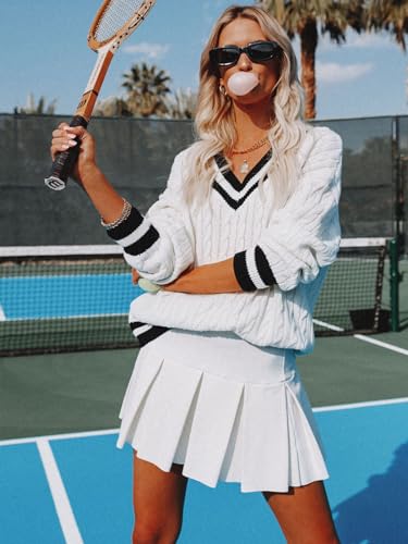 Womens V Neck Oversized Sweaters Long Sleeve Cable Knit Pullover Striped Chunky Sweater Casual Tennis Tunic Tops3