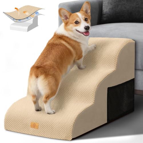 Thihome Hundetreppe 3 Stufen, Rutschfestem Hunderampe, Tragbar Haustiertreppe mit Abnehmbarem & Waschbarem Bezug, Hochdichtem Schwamm Hunde Treppe Katzentreppe für Bett und Sofa, 60x40x40cm