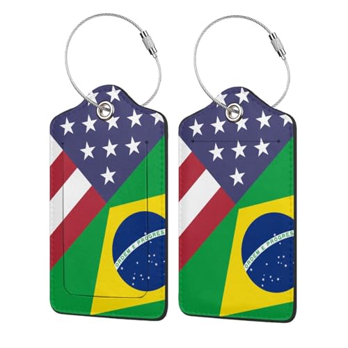 Etiqueta de equipaje con la bandera de Brasil y Estados Unidos para maletas Etiquetas de cuero para maletas con cubierta de privacidad para maletas de viaje