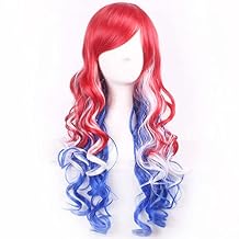 BERON Long Wavy Wigs for Women with Bangs 4th of July Cosplay Costume Anime Hair Wigs Red White Blue Mixed