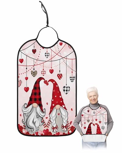 LEOKOTI Red Gnomes Valentines Day Adult Bibs for Eating, Waterproof Bibs with Food Catcher & Adjustable Snap Closure, Red Floral Love Heart Pink Washable Clothing Protectors Adult Bibs for Elderly