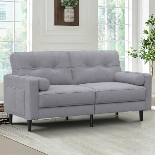 Aotumm Ciort 2-Sitzer Sofa, Dicke Kissen, 2 Kissen & Taschen (Grau) | Bequemes Leinen-Sofa, 2-Sitzer mit 2 Kissen, Seitentaschen, Ergonomisches Design & Einfache Montage für Wohnzi