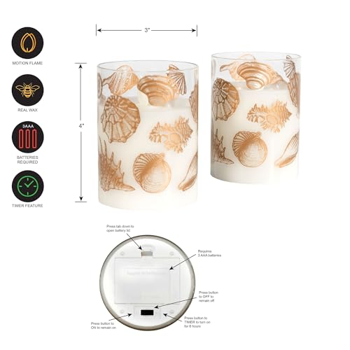 Image of LumaBase Battery Operated LED Glass Candles with Flickering Flame, Seashells - Set of 2