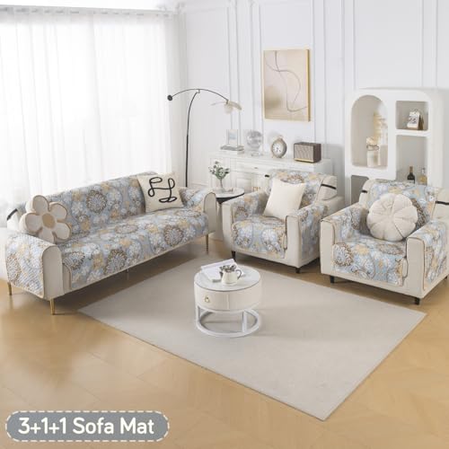 Image of HOKIPO Double Sided Quilted Sofa Cover 5 Seater Fully Covered, (3+1+1) Sofa Cover Set, Easy Drape Series, Cool Breeze Floral (NEW-IN-1101 + IN-1099 * 2-ED5)