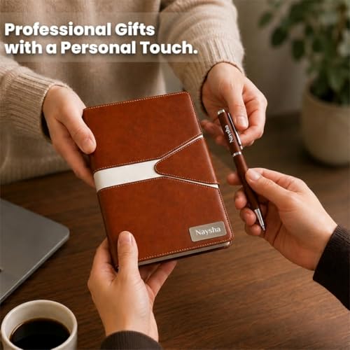 Image of Giftana Personalized Planner Diary with Pen Gift Set, 2 in 1 Customized PU Leather Diary with Metal Pen Gifts for Men, Personalised Corporate Gift for Employee, Employee Welcome Kit- Tan