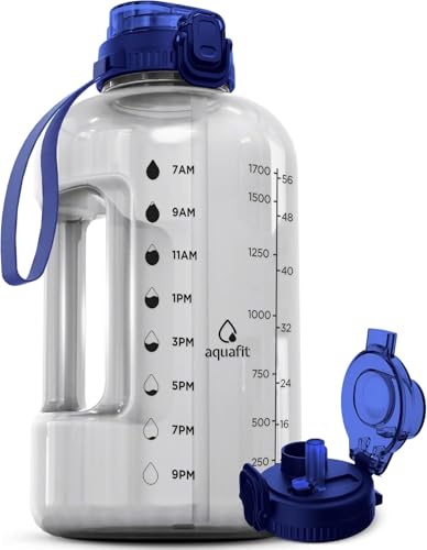 Image of AQUAFIT 64 oz Water Bottle with Time Marker, 2in1 Lid | BPA Free Half Gallon Water Bottle with 2in1 Straw and Chug Lid - Leakproof Gym Water Bottle with Carry Handle (Clarity)
