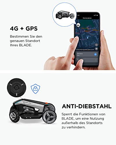 Foto von EcoFlow Blade Mähroboter mit drahtlose Begrenzungen, automatische Routenplanung mit GPS, intelligente RTK-Hindernisvermeidung, IPX5, diebstahlsichere automatische Verriegelung für Gärten