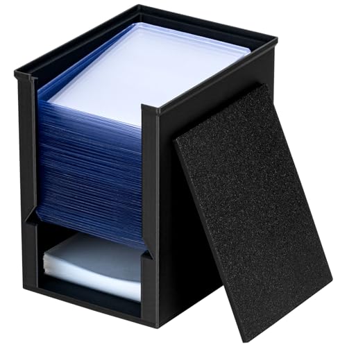 XSHINOVA Toploader Dispenser & Penny Sleeve Holder - Dual Compartment Holds 250 Penny Sleeves & up to 50 Top Loaders Stackable Card Storage Box with Dustproof Lid (Black)