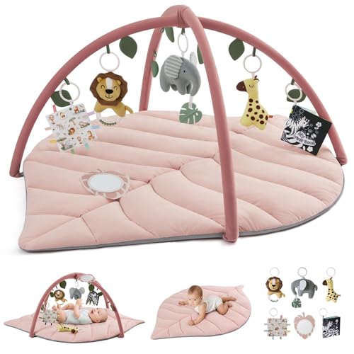 Image of Blissful Diary Baby Play Gym & Activity Mat, Oversize Leaf Shaped Tummy Time Baby Play Mat w 6 Detachable Toys Promotes Motor Skills & Sensory Development, Newborn Infant Essentials Gift, Crystal Pink