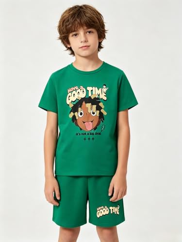 Image of Size 6-12 Years Boys Summer Outfits Set Kids Short Sleeve Top T-Shirt & Shorts Color Block Clothing Sets