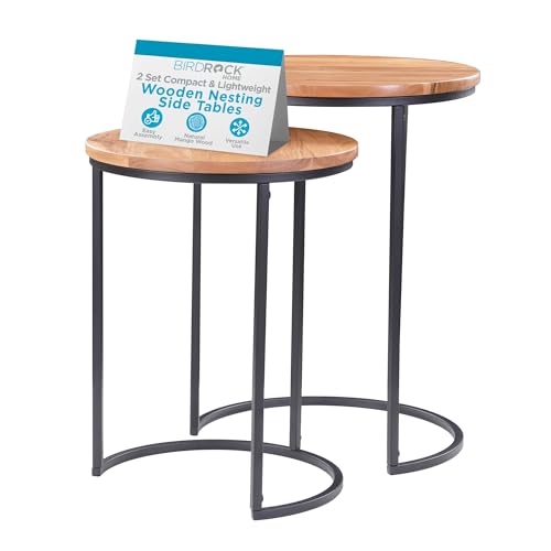 BIRDROCK HOME Wooden Nesting Side Tables - Mid Century Modern Stackable Coffee Table - Space-Saving Wooden End Table for Living Room, Bedroom, Centerpiece, Office, Balcony - Natural Mango Wood - 2 Set by BIRDROCK HOME - Used condition - US$67.22
