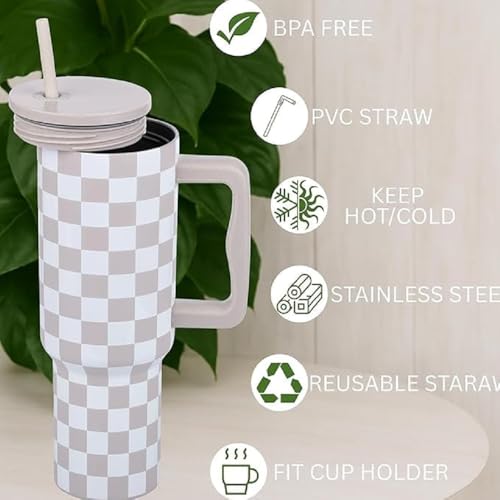 Image of Stainless Steel 1200 ml Vacuum Tumbler with Lid & Straw - Double‑Wall Insulated Cup for Travel, Gym & Office - Keeps Beverages Hot or Cold - 1.2 L Capacity (Cream Checks)