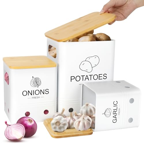 Otauoaea Lot de 3 Boite Pomme de Terre, Rangement Pomme de Terre Oignon Ail Echalotte | Boite Onion Conservation Pomme de Terre | Panier Oignons Ail Echalotte avec Couvercle en Bambou | Blanc