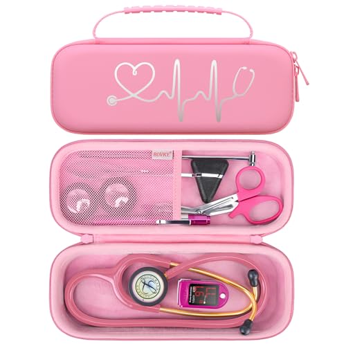 BOVKE Estuche de estetoscopio de viaje para 3M Littmann Classic III, Lightweight II S.E, MDF Acoustica Estetoscopios ligeros, bolsillo de malla para lámparas de pluma, tijeras accesorios, Rosa