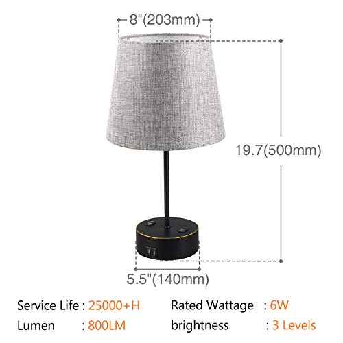 USB Table Lamp, Gray Fabric Shade Bedside Table Lamp with Two AC Outlet Fast Dual USB Charging Ports, Modern Design Desk Lamp Ideal for Bedroom,Office,Guest Room, Kids Room 2Pack
