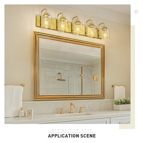 Image of zeyu 36 Inch Bathroom Lighting Fixtures Over Mirror, Vintage Bathroom Light Fixtures, 5-Light Bathroom Light with Clear Glass Shade, Brushed Gold Finish, ZSL72B-5W BG