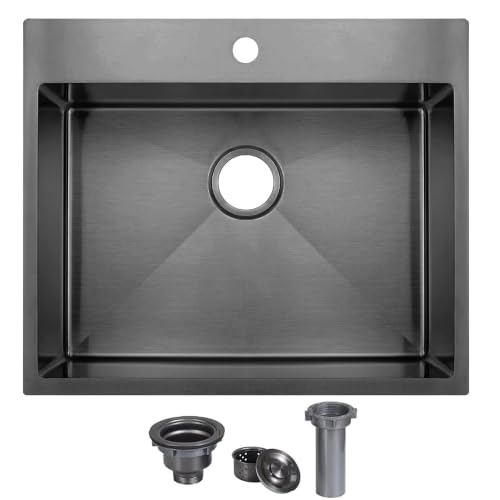 Black Drop In Bar Sink 18 x 18 Inch Topmount RV 16 Gauge Gunmetal Black Stainless Steel Single Bowl Small Kitchen Sink Handmade Modern Outdoor RV Wet Bar Perp Sinks with Drain