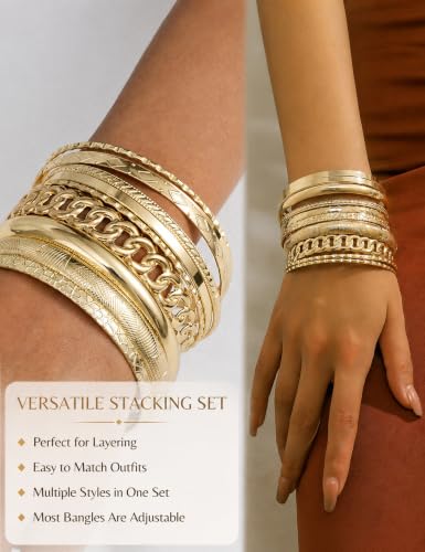 Image of IF ME Gold Bangle Bracelets for Women, Indian Bangles Stackable Set, Multi Layer Textured 18K Gold Plated Chunky Bracelets Boho Jewelrys Set