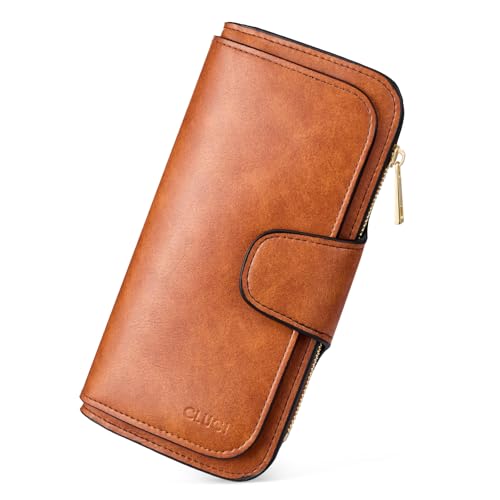 Image of CLUCI Wallet For Women PU Leather RFID Blocking Womens Wallet Bifold Card Holder with ID Window Gifts for Women Birthday, Oil wax Two-toned Brown, Large, Fashion