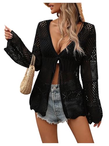 SHENHE Women's Front Tie Cardigan Bell Sleeve Hollow Out Lightweight Tunic Cardigan Sweaters
