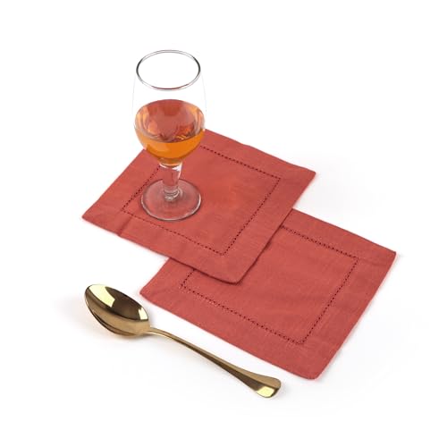 Image of Fingercraft Cotton Cocktail Napkins 6x6 Inches - Set of 12 Reusable Cloth Beverage Coasters with Elegant Ladder Hemstitch - Perfect for Parties, Bars & Home Use (Rust Slub)
