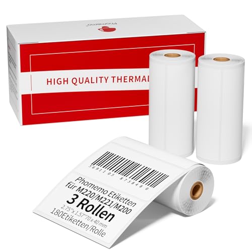 Phomemo 3 Rouleaux d'étiquettes pour Imprimante Thermique M221/M220/M200, 70mm x 40 mm pour Codes-Barres, Adresses, Publipostage, Timbres, Etiquettes...