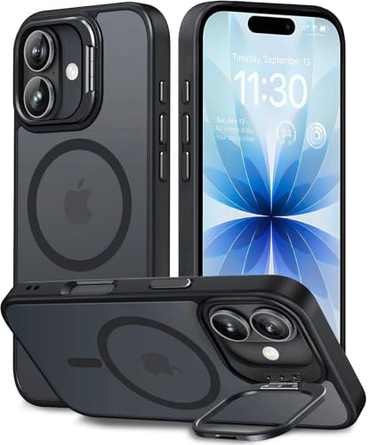 Image of Elzzi for iPhone 17 Case Compatible with MagSafe, Built-in Adjustable Camera Guard Kickstand, Translucent Matte Anti-Fingerprint Heavy Duty Shockproof Phone Cover - Widow Black