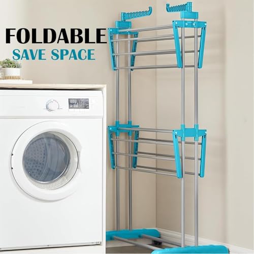 Image of JD FRESH 3 Tier Stainless Steel Clothes Drying Stand /Cloth Dryer for Balcony /Indoor /Outdoor /Space Saving Cloth Hanger Stand with 24 Rods /Big Foldable Laundry Rack with Wheels (Blue)