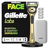 Gillette Labs con Barra Integrata, Rasoio da Uomo, 1 Manico, 5 Lamette di Ricambio, con Base Magnetica, Edizione dei Campioni, Oro, Rasoio Barba, Gillette Labs Lamette di Ricambio