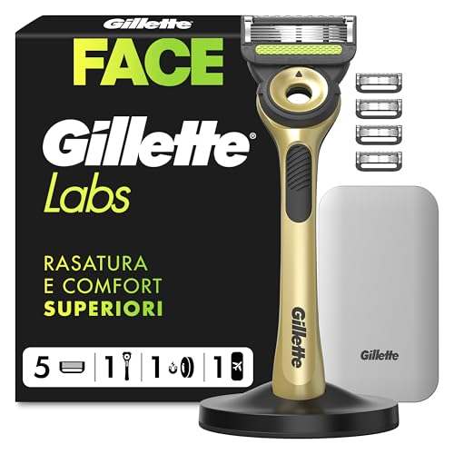 Gillette Labs con Barra Integrata, Rasoio da Uomo, 1 Manico, 5 Lamette di Ricambio, con Base Magnetica, Edizione dei Campioni, Oro, Rasoio Barba, Gillette Labs Lamette di Ricambio