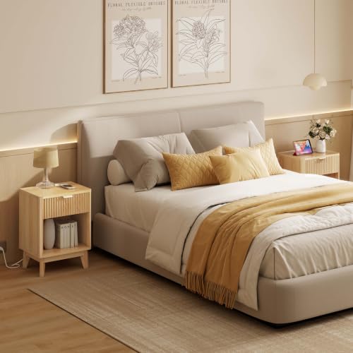 Image of LYNCOHOME 17.7 inch Tall Nightstand with Charging Station,Set of 2, Light Oak