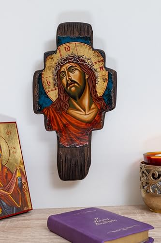 Croix murale orthodoxe byzantine en bois avec Jésus Christ le marié, icône religieuse faite à la main, détail feuille d'or.