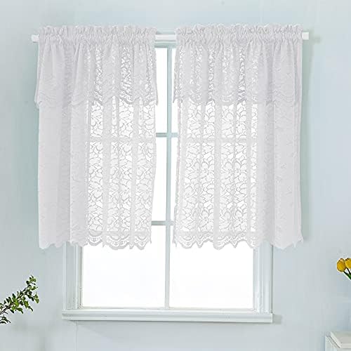 AOKQYA White Lace Curtains Tiers with Attached Valance for Kitchen Bathroom Window Rustic Short Small Window Treatments(58x36inch Tiers, White Flower)