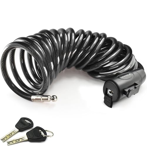 MARQUE Bike Lock with Key – 3/8” (4Ft, 7Ft, 15Ft) Coiled Cable Locks with 2 Keys, Anti-Theft Security Cable for Bicycles, Scooters, Kayaks, Paddle Boards, Gates (15 FT)