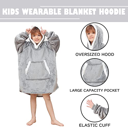 Xynhml Oversized Blanket Hoodie For Kids Flannel Sherpa Wearable Sweatshirt Blanket Snuggies Warm Plush Hooded Blanket With Huge Pocket And Elastic Sleeve Light Grey #TOP2