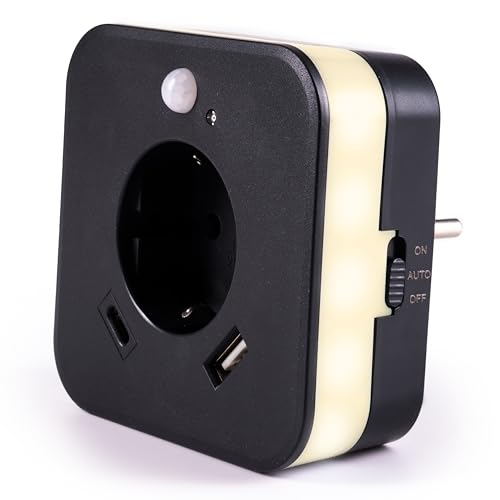 smrter LED-Nachtlicht mit Bewegungsmelder und Steckdose, 2x USB 2.4A, weiß, automatischer Lichtsensor, GS (geprüfte Sicherheit) (1 Stück [mit USB-C | ANTHRAZIT])