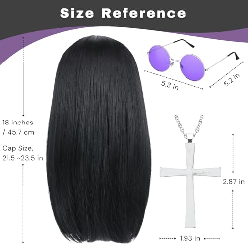 morvally Long Black Straight 80s Heavy Metal Rocker Wig for Men - Center Parting Natural Synthetic Hair Wigs Including Cross Necklace and Glasses for Halloween Costume (Black)4