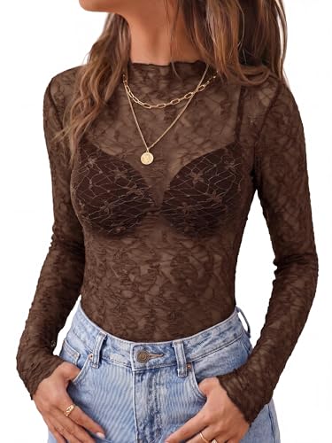 BTFBM Womens Tops Mesh Lace Long Sleeve Tops for Women 2026 Spring Fall Sexy Sheer See Through Tight Party Club Outfits(Brown, XX-Large) — view 2