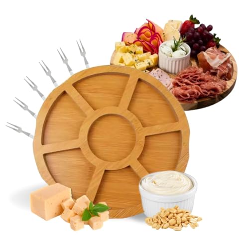 Kit Petisqueira de Madeira Redonda com Molheira Ramekin e Garfinhos para Petiscos Frios e Queijo Linha Premium M5 Armarinhos