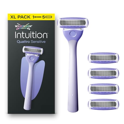 Wilkinson Sword Intuition Quattro Sensitive Skin Razors for Women Starter Pack Womens Razor Handle Plus 5 Blade Refills