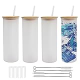 Lilsofee 4 Pack 25 OZ Sublimation Glass Cups with Bamboo Lids and Straws Frosted Beer Can Glass Wide Mouth Jars Blank Tumbler for Iced Coffee Juice Drinks