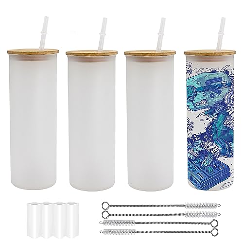 Lilsofee 4 Pack 25 OZ Sublimation Glass Cups with Bamboo Lids and Straws Frosted Beer Can Glass Wide Mouth Jars Blank Tumbler for Iced Coffee Juice Drinks