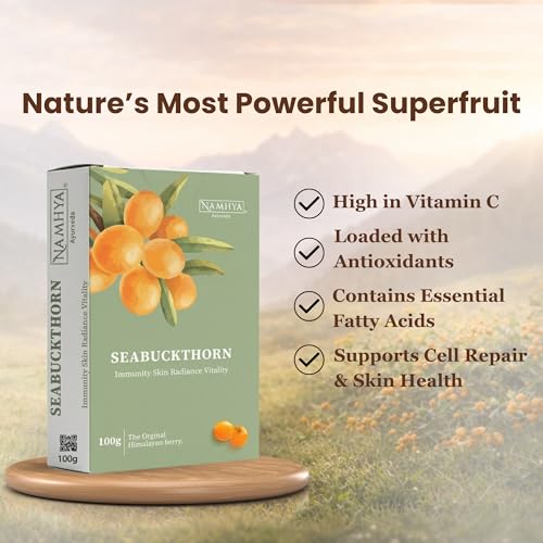 Image of Namhya Seabuckthorn Powder | Himalayan Superfood for Skin Glow, Immunity, Hair & Antioxidant Support | Sea Buckthorn Omega 7 Rich Berry for Energy, Collagen Support & Wellness | 100g